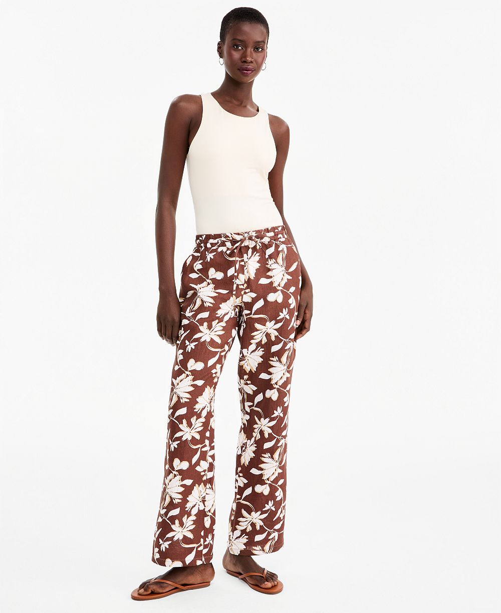 Charter Club Petite Floral-Print Wide-Leg Drawstring Linen Pants, Macy's Exclusive