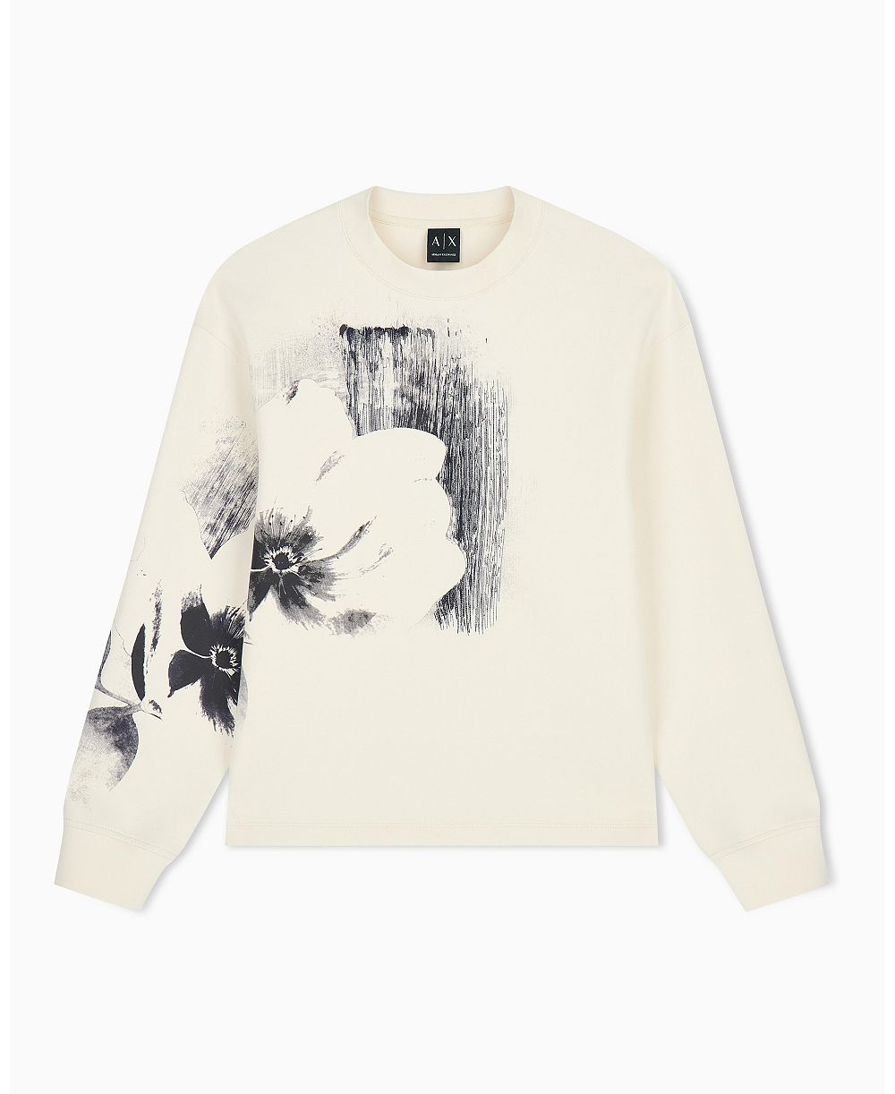 A|X Armani Exchange Men's Exposed Flower Bonded Cotton Crewneck Sweatshirt