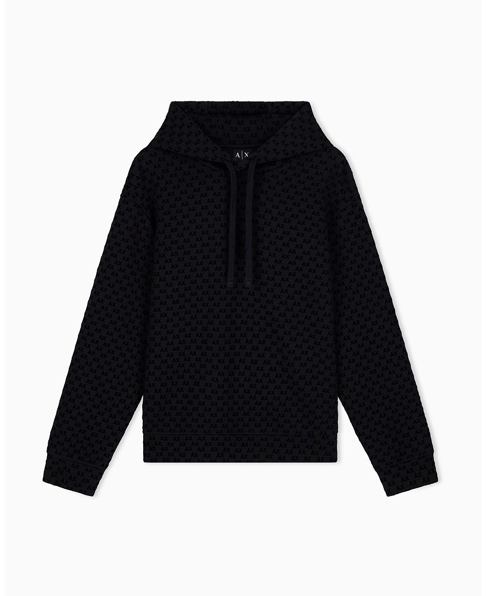 A|X Armani Exchange Мужской Bonded Cotton Flocked All Over Logo Hoodie Sweatshirt