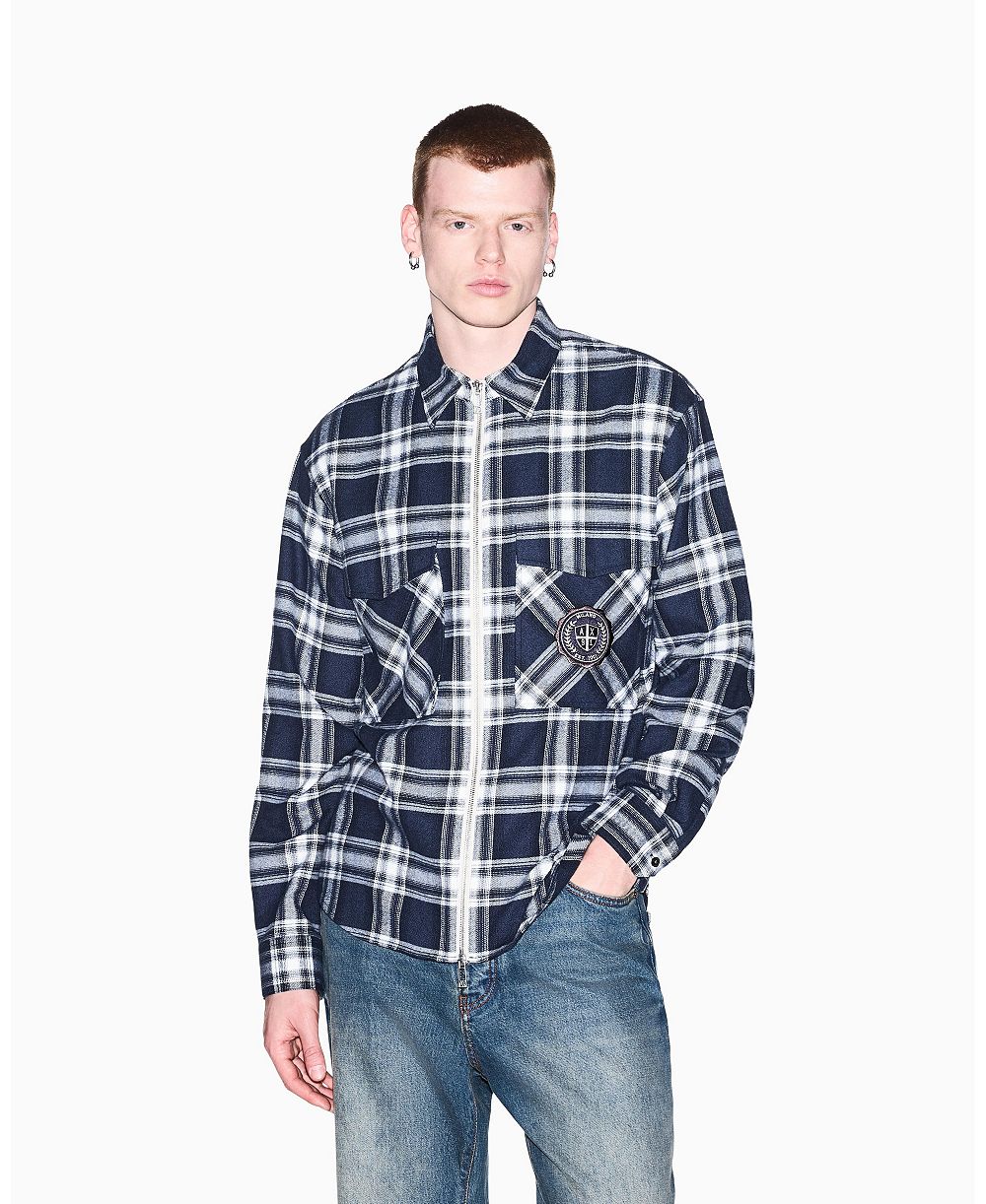 A|X Armani Exchange Men's Crossover Plaid Cotton Shirt with Back Graphic