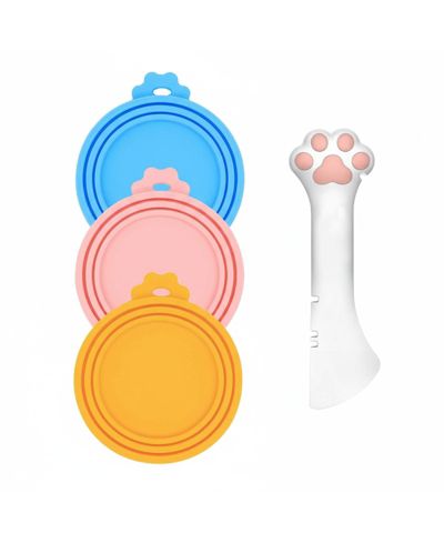 ARONKL 3 Pet Food Can Lids and 1 Spoon Silicone Universal Airtight Reusable Pet Can Opener Spatula