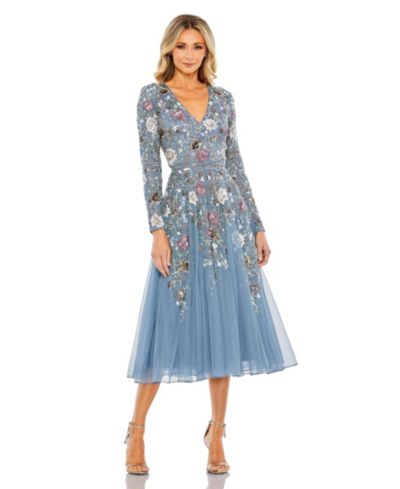 Женское платье Mac Duggal Hand Embellished Floral V Neck Long Sleeve