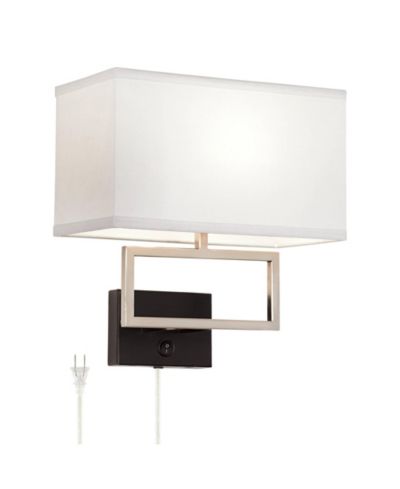 Possini Euro Design Modern Wall Lamp with USB Port Brushed Nickel Plug-In 12" Light Fixture Rectangular Fabric Shade for Bedroom House
