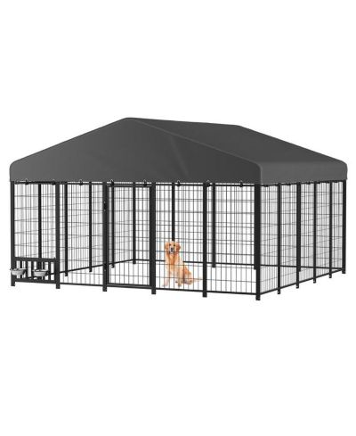 AECOJOY Heavy Duty Outdoor Dog Kennel, Steel Chain Link Fence with Roof