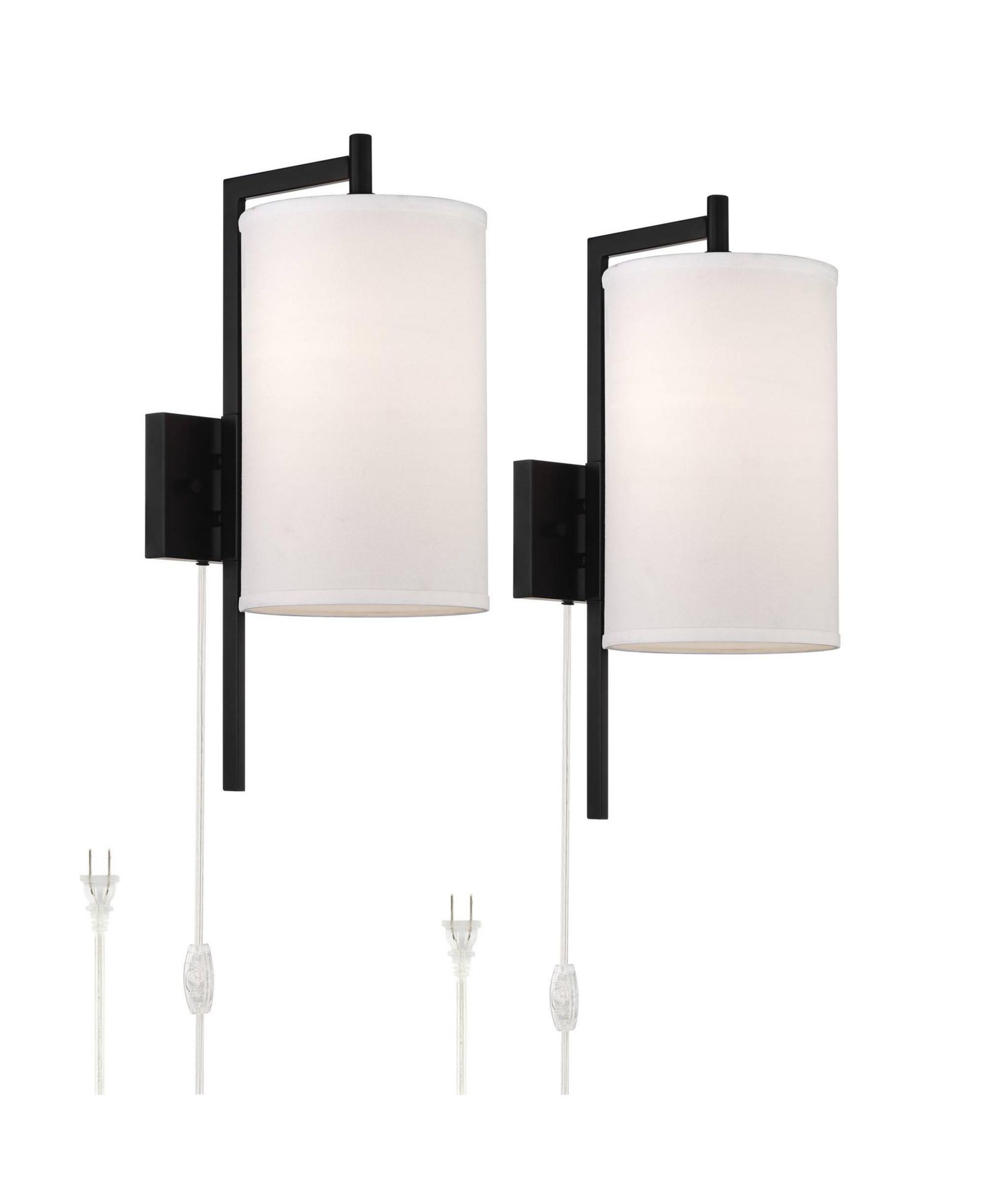 Possini Euro Design Modern Wall Lamps Set of 2 with USB Port Black Plug-In 8" Light Fixture Fabric Shade for Bedroom Bedside House