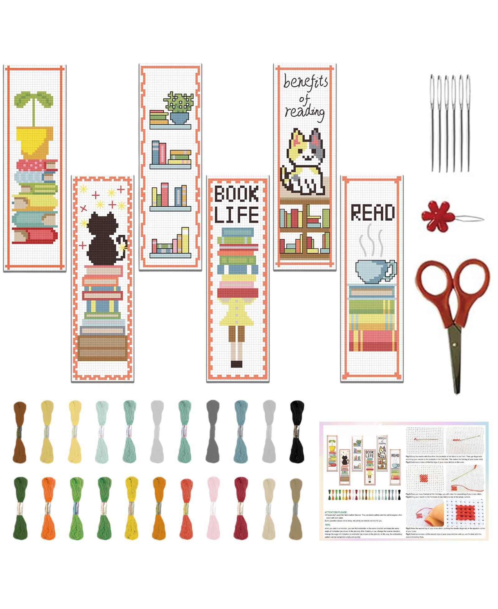 GNUADZ 6 Set Cross Bookmark Embroidery Kit Stamped DIY Stitching Books Cats Adults 6 Set