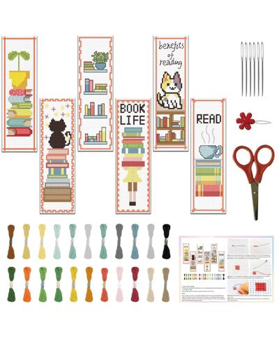 GNUADZ 6 Set Cross Bookmark Embroidery Kit Stamped DIY Stitching Books Cats Adults 6 Set