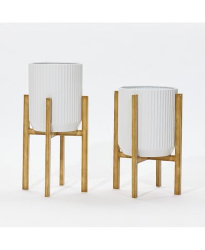 LuxenHome 2-Pc Textured Round White Metal Cachepot Planters with Gold Stands