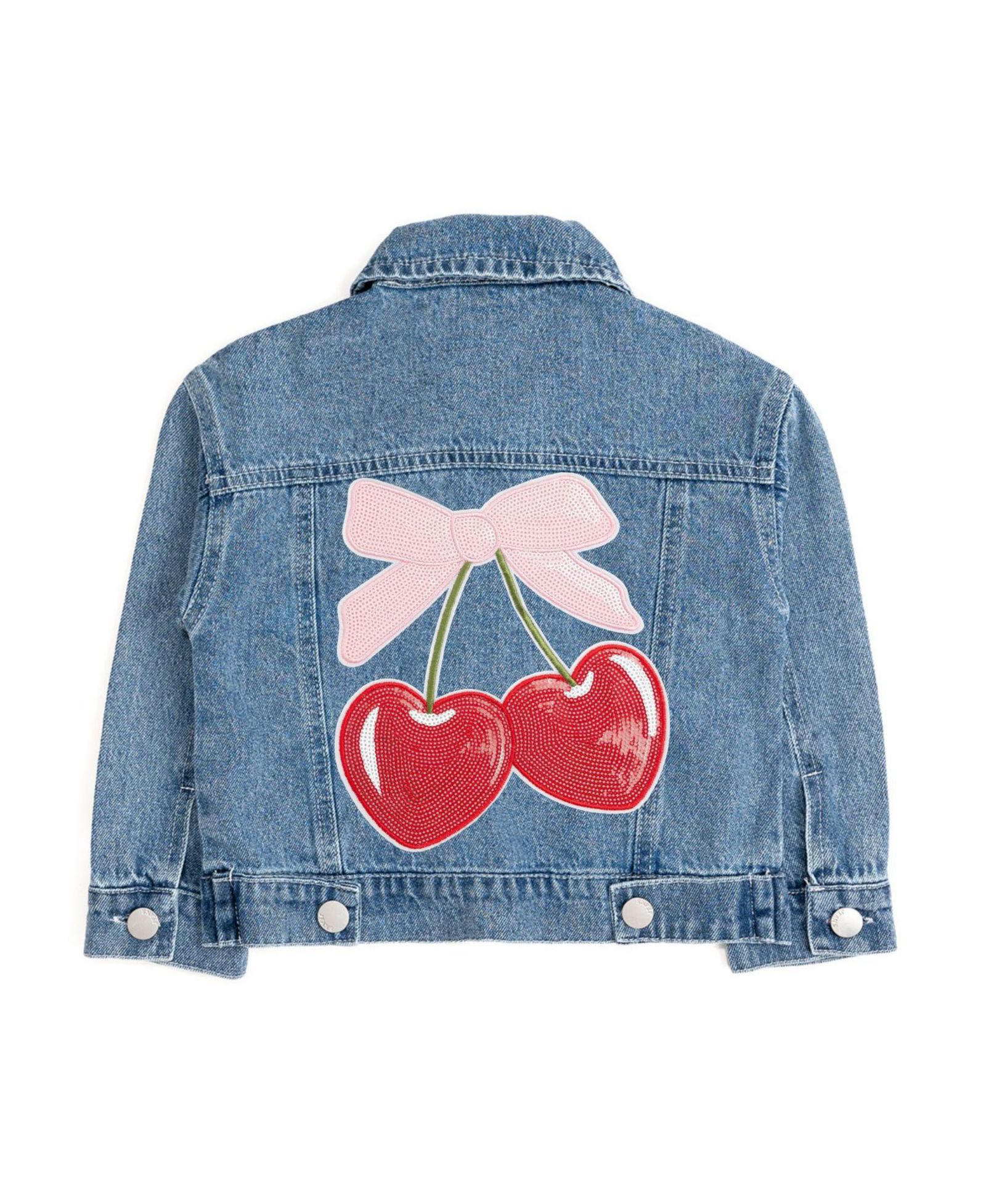 Sweet Wink Big Girls Cherry Sequin Patch Denim Jacket