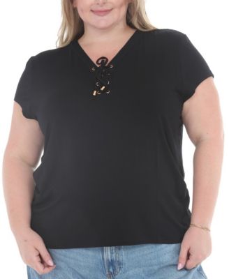 White Mark Plus Size V-Neck Front Tie Top