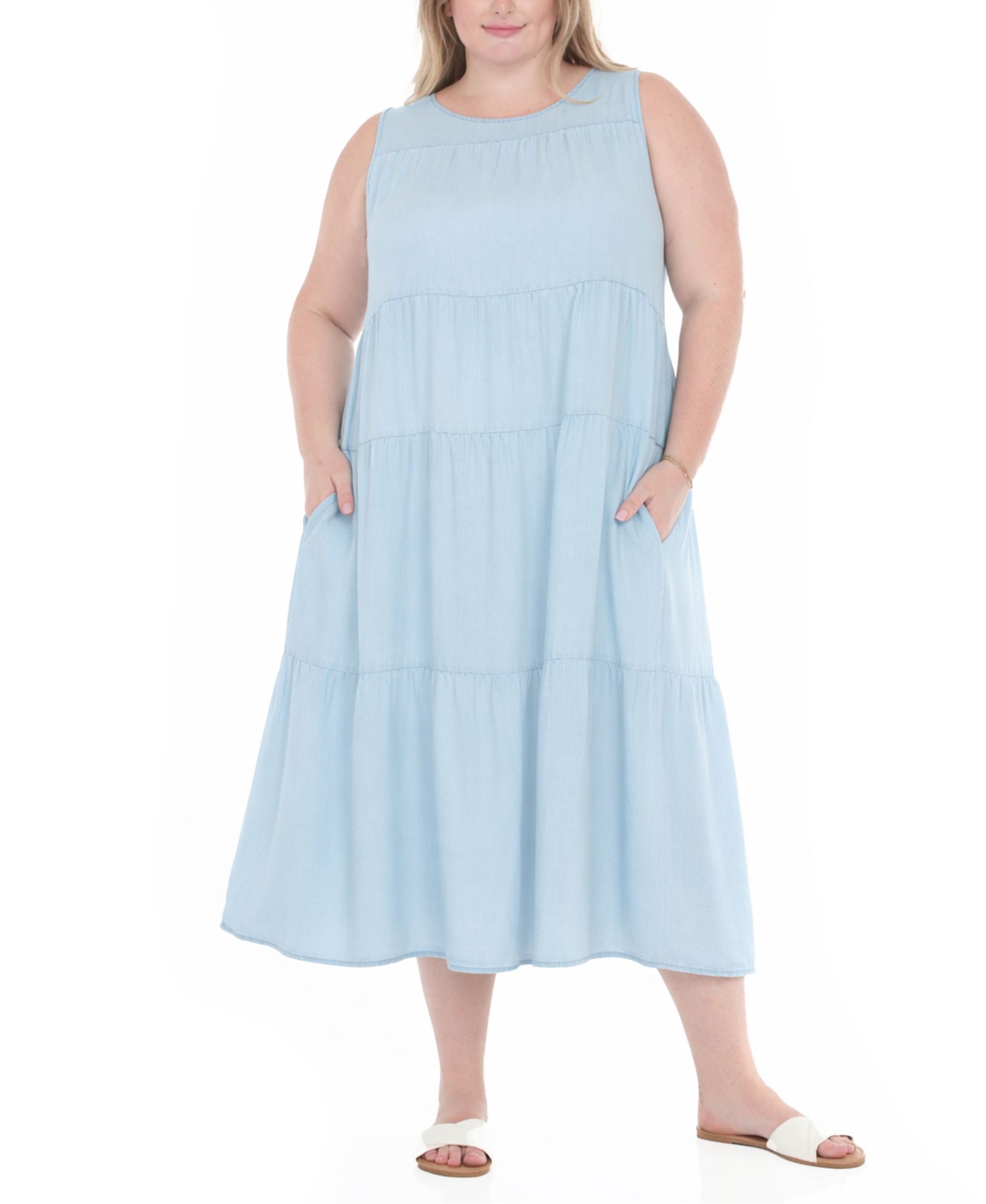 White Mark Plus Size Sleeveless Tiered Swing Midi Dress