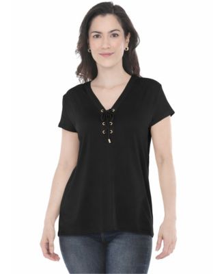 White Mark Women's V-Neck Front Tie Pullover Top