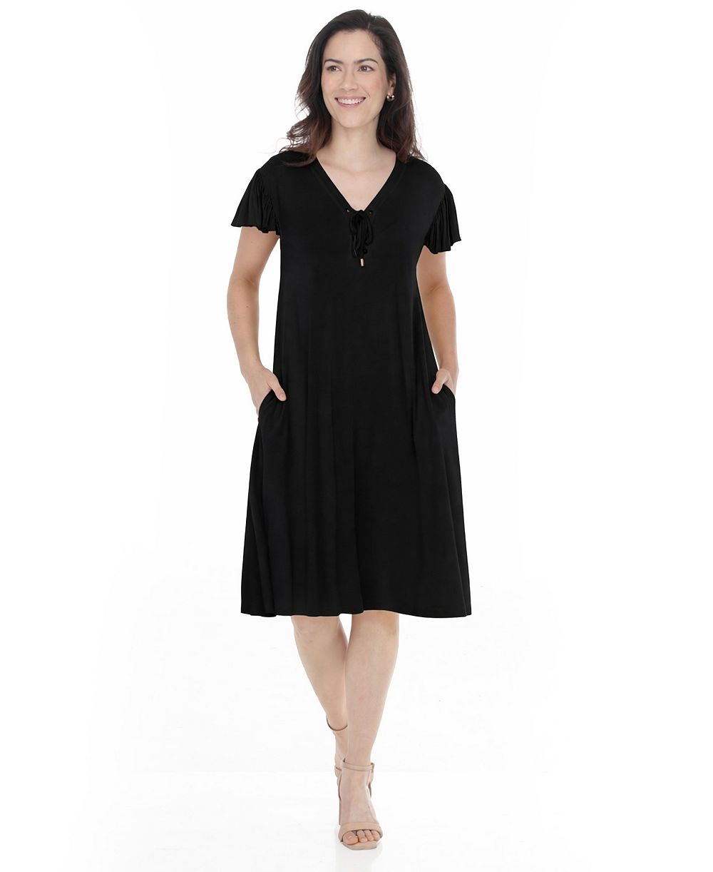White Mark Women's V-Neck Tie-Front Flutter-Sleeve Shift Dress
