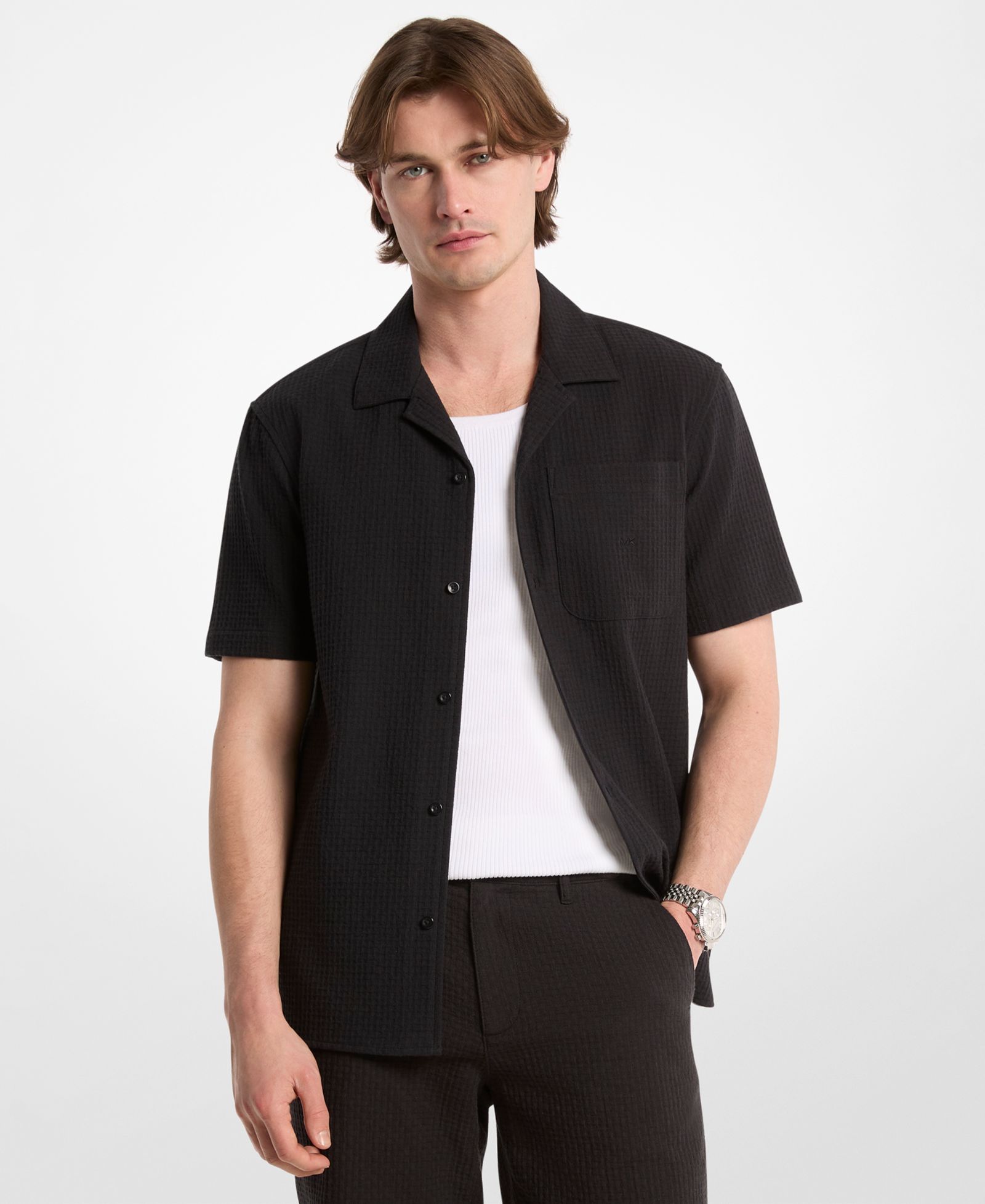 Michael Kors Men's Cotton Waffle Camp Collar Shirt