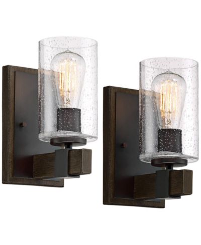 Franklin Iron Works Poetry High Wall Sconces Light Lamp Fixture Mount Set of 2 Bathroom Hardwired Clear Seeded Glass Shade