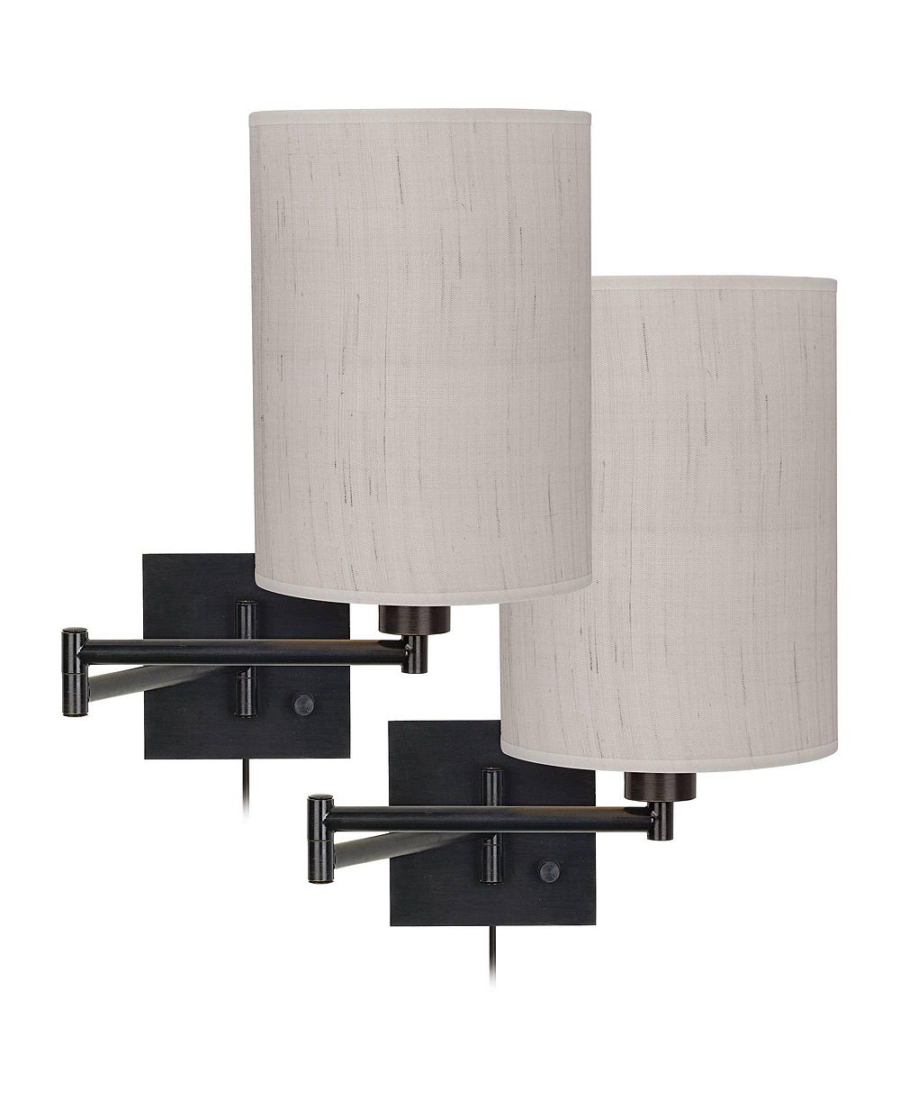 Franklin Iron Works Modern Swing Arm Wall Lamps Set of 2 Espresso Bronze Plug-In Light Fixture Ivory Linen Cylinder Shade Bedroom