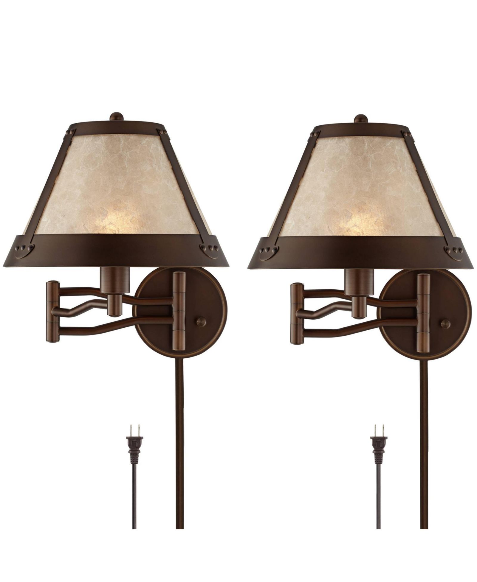 Franklin Iron Works Samuel Mica Shade Plug-In Swing Arm Wall Lamp with Cord Cover Set of 2