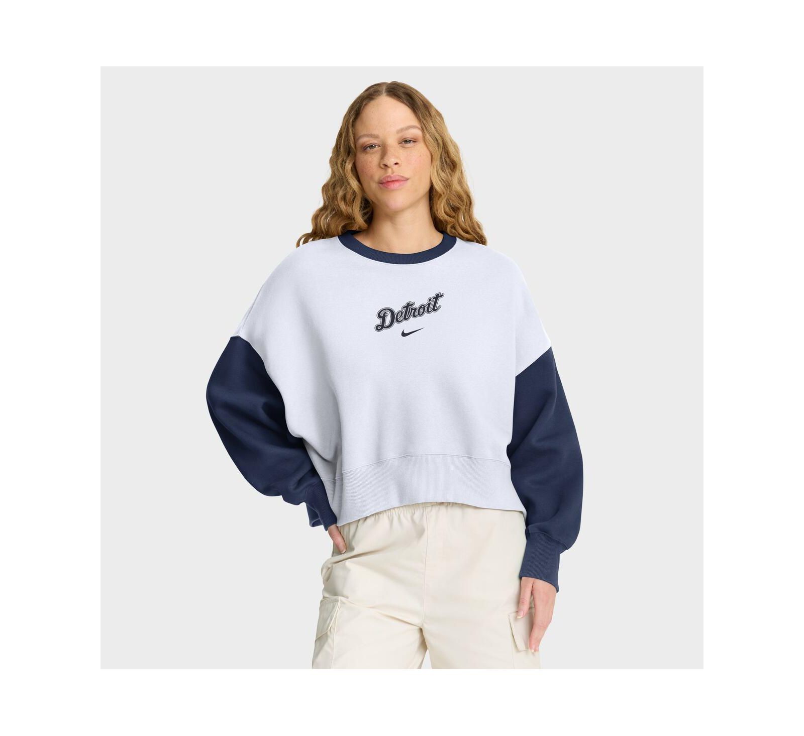 Nike Women's White/Navy Detroit Tigers Oversized High Hip Fleece Sweatshirt