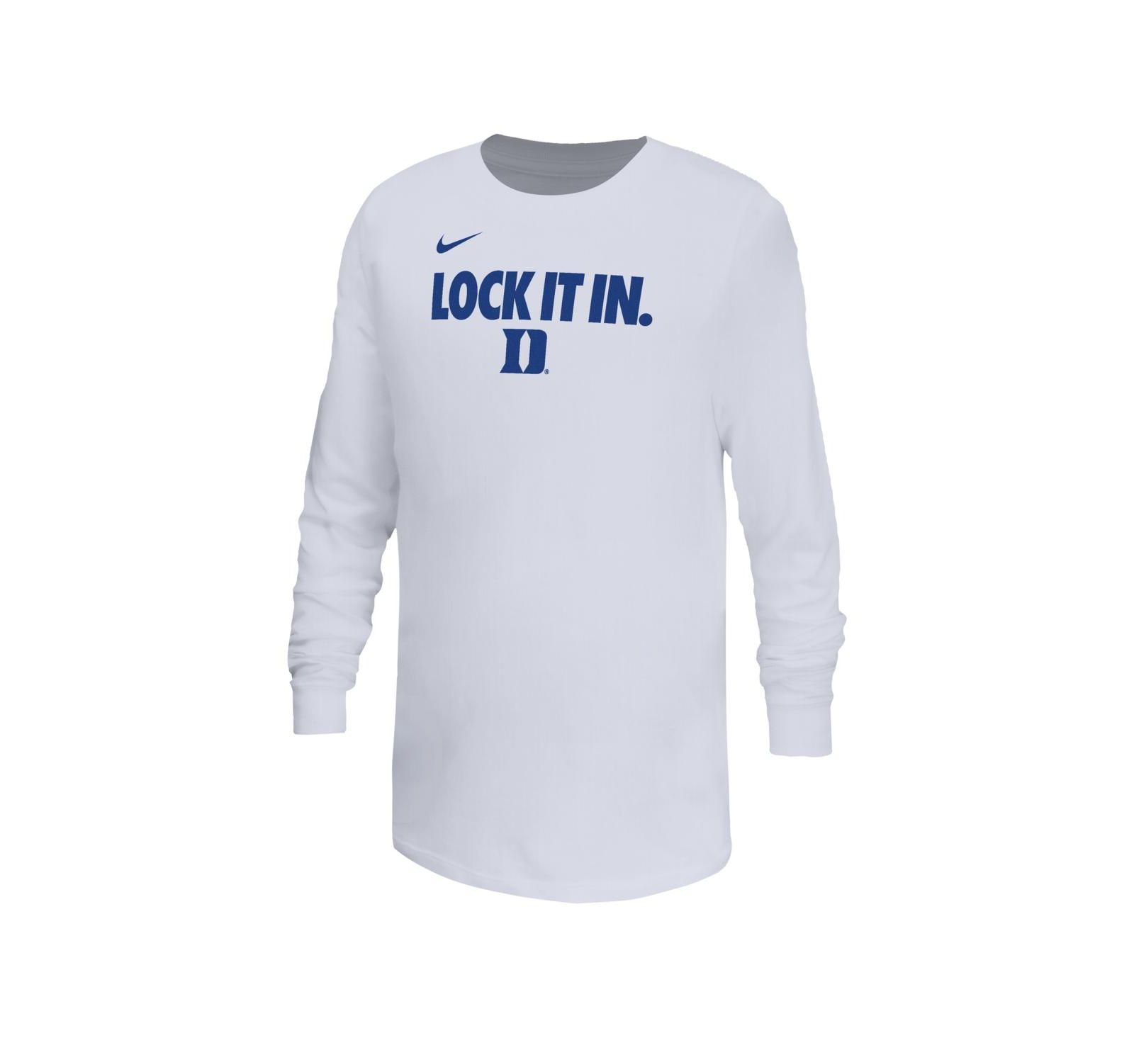 Nike Big Boys and Girls White Duke Blue Devils On-Court Bench Legend Dri-FIT Long Sleeve T-Shirt