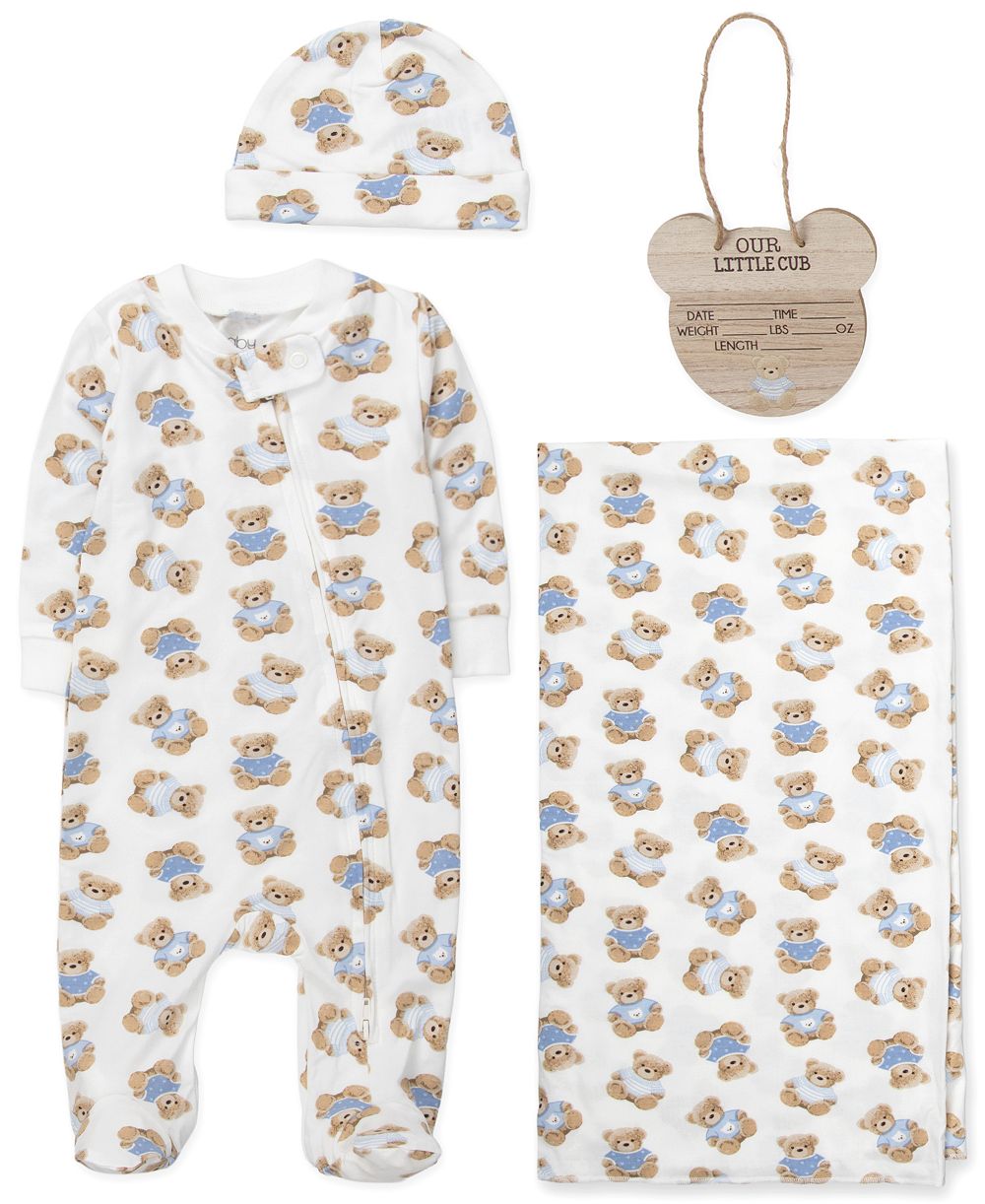 Набор для малышей Baby Essentials Bear Print Coverall Blanket Hat and Wooden Sign 4-Piece Set