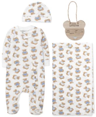 Набор для малышей Baby Essentials Bear Print Coverall Blanket Hat and Wooden Sign 4-Piece Set
