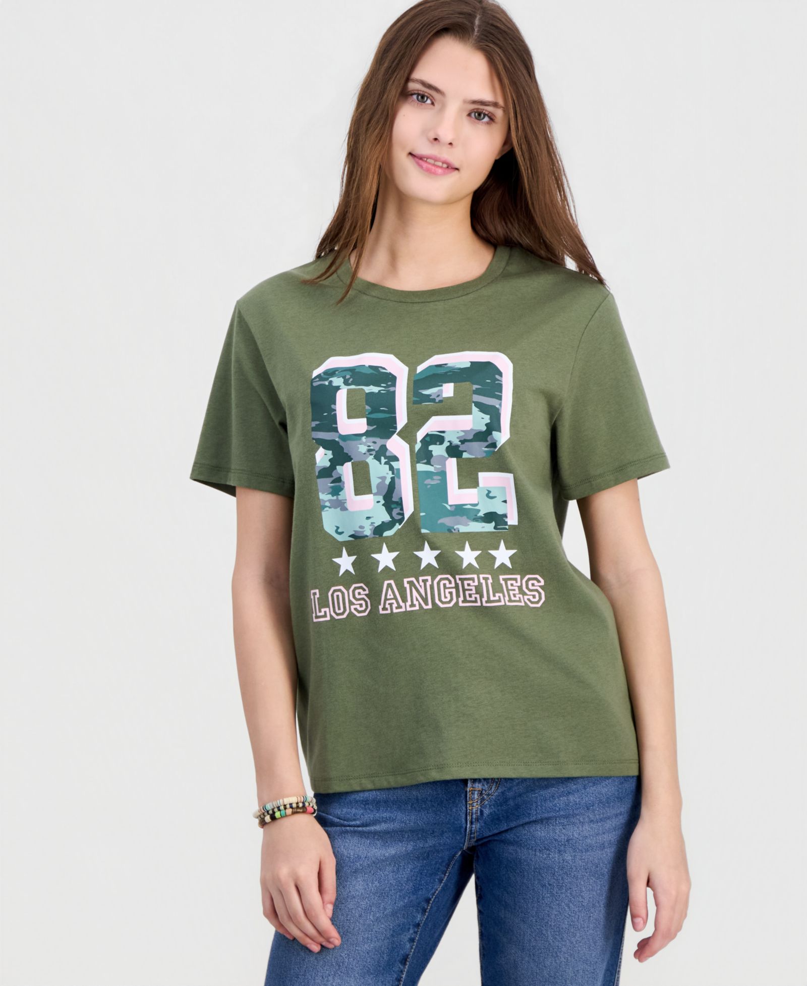 Love Tribe Junior's LA Number Camo Crewneck Tee