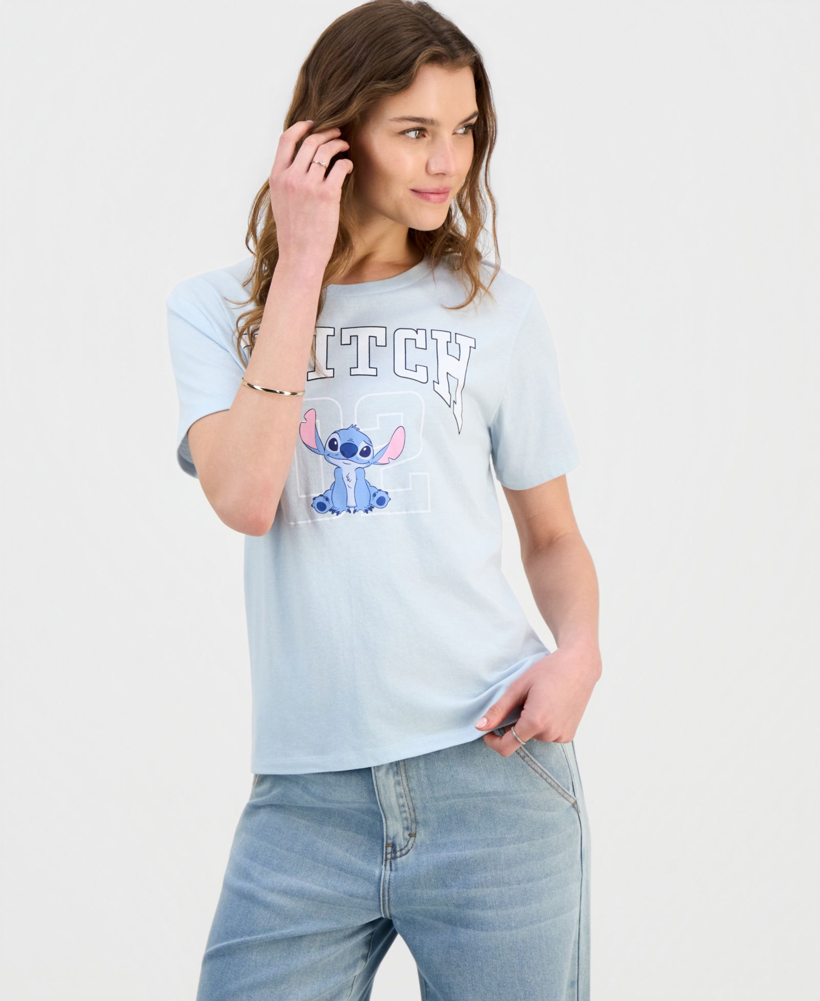 Disney Juniors' Stitch Graphic-Print Crewneck Varsity Tee