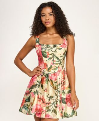 SENI & CADE Juniors' Printed Jacquard Square Neck Corset Drop-Waist Dress