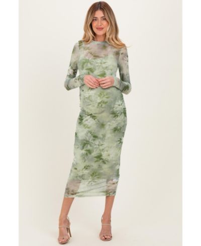 Pinkblush Women's Light Olive Floral Mesh Overlay Maxi Dress