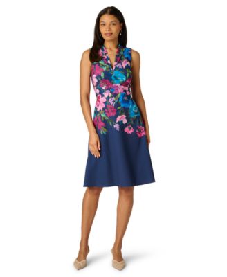 Adrianna Papell Petite Border Floral V-Neck Midi Dress