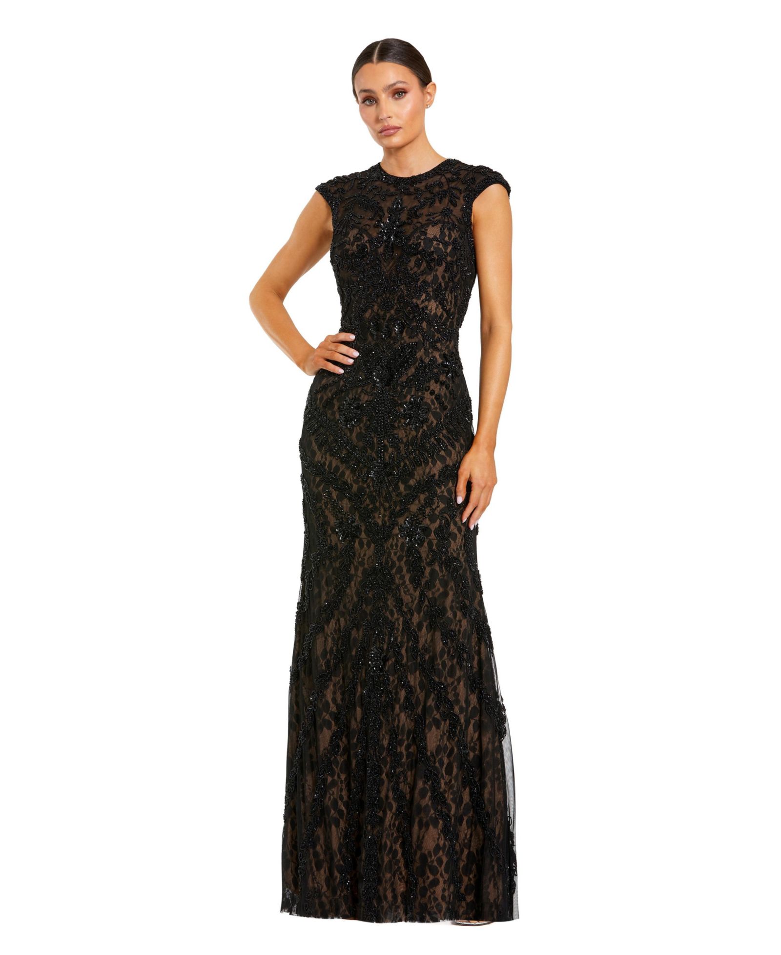 Женское вечернее платье Mac Duggal Beaded Lace Mesh High-Neck Sleeveless Column