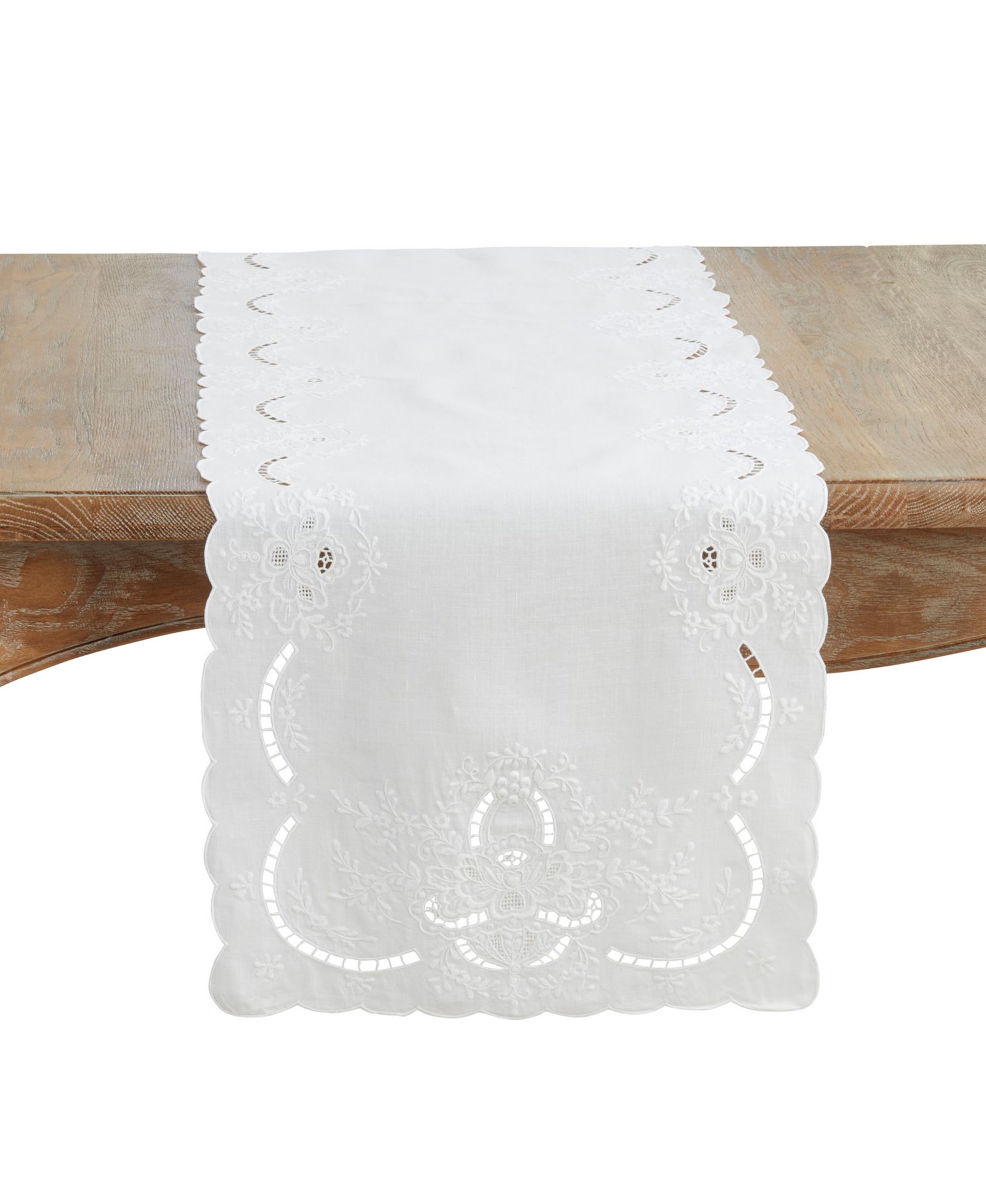 Saro Lifestyle Embroidered Linen Scalloped Table Runner, 16" x 54"