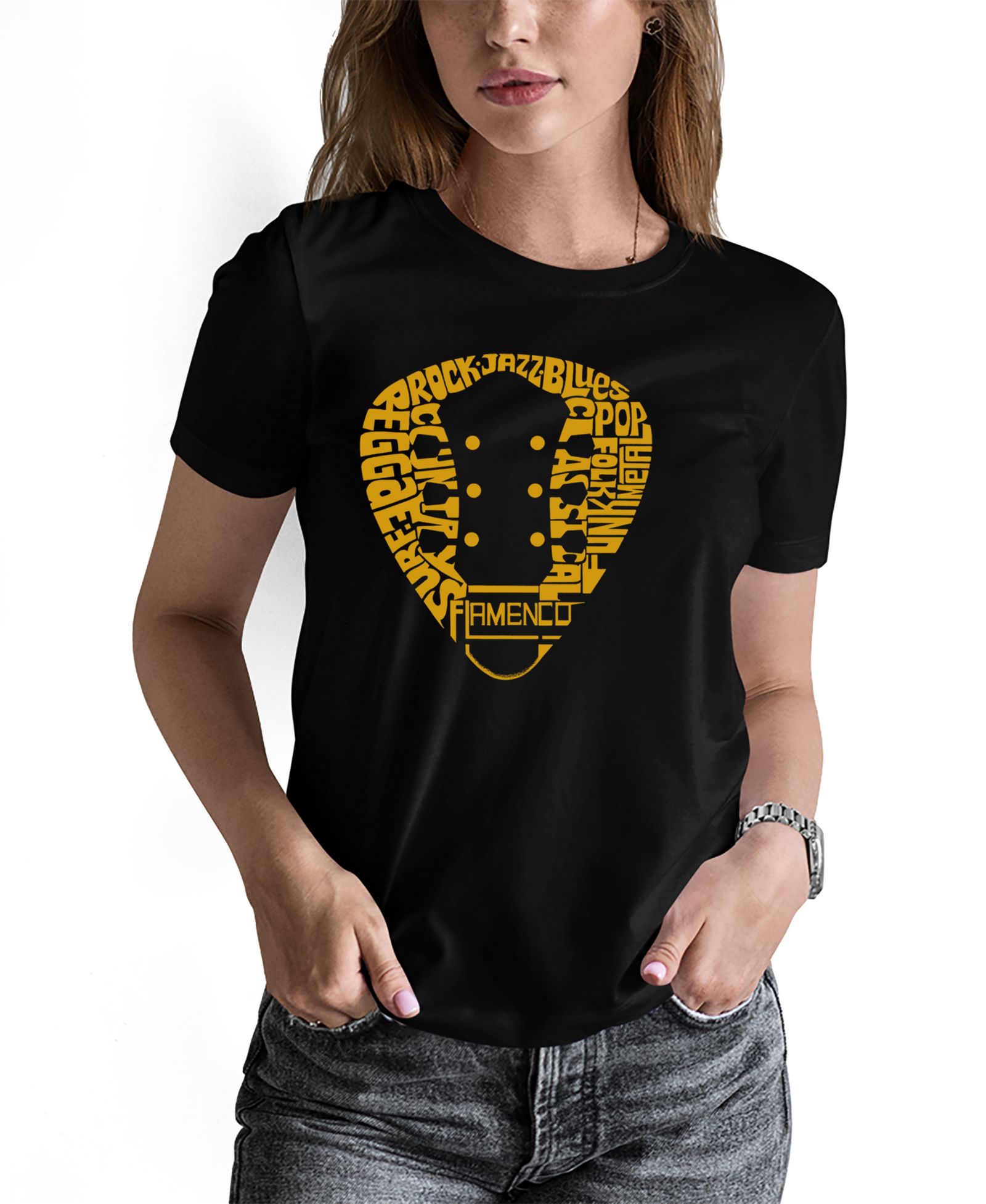 LA Pop Art Women's Guitar Pick Genres Word Art Pullover Top