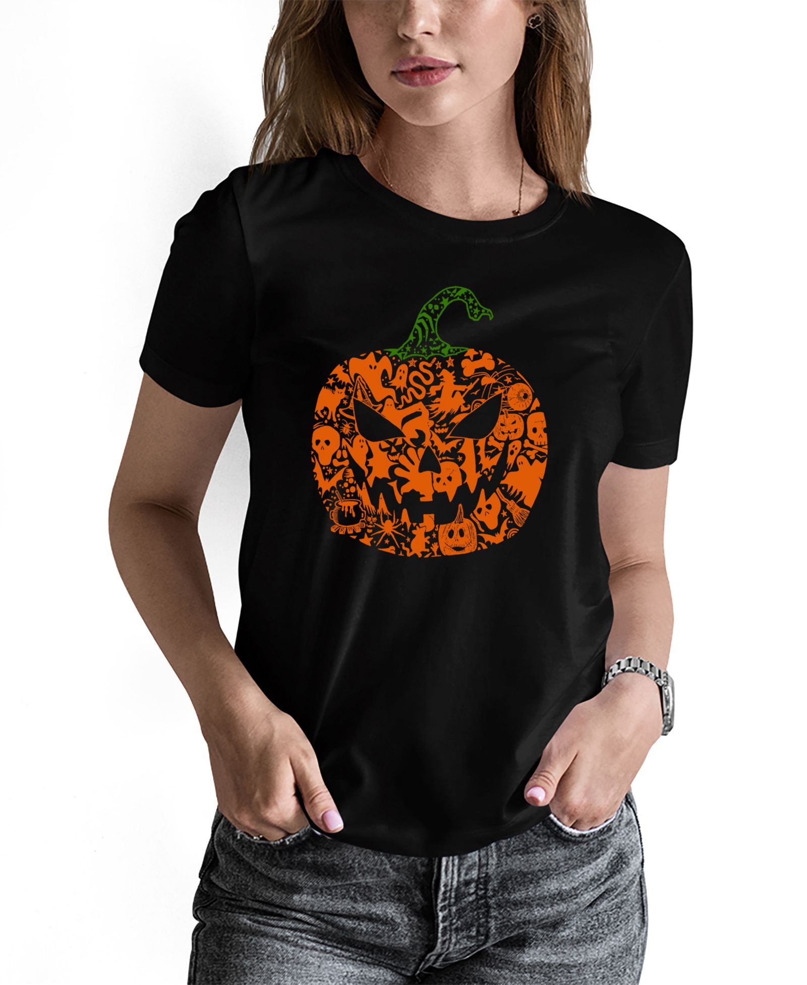 LA Pop Art Women's Halloween Pumpkin Word Art Pullover Top