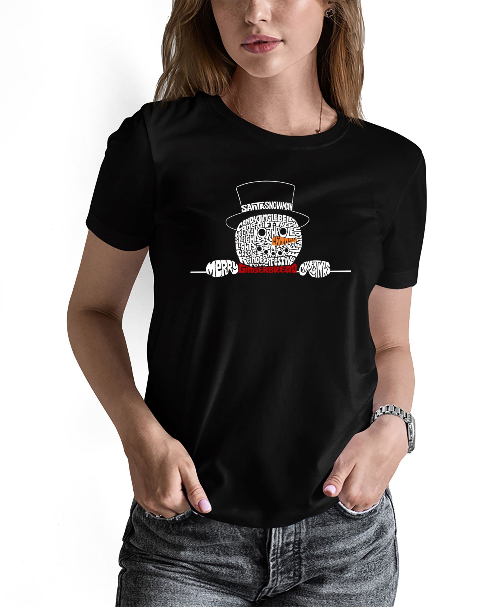LA Pop Art Women's Peeking Snowman Word Art Pullover Top