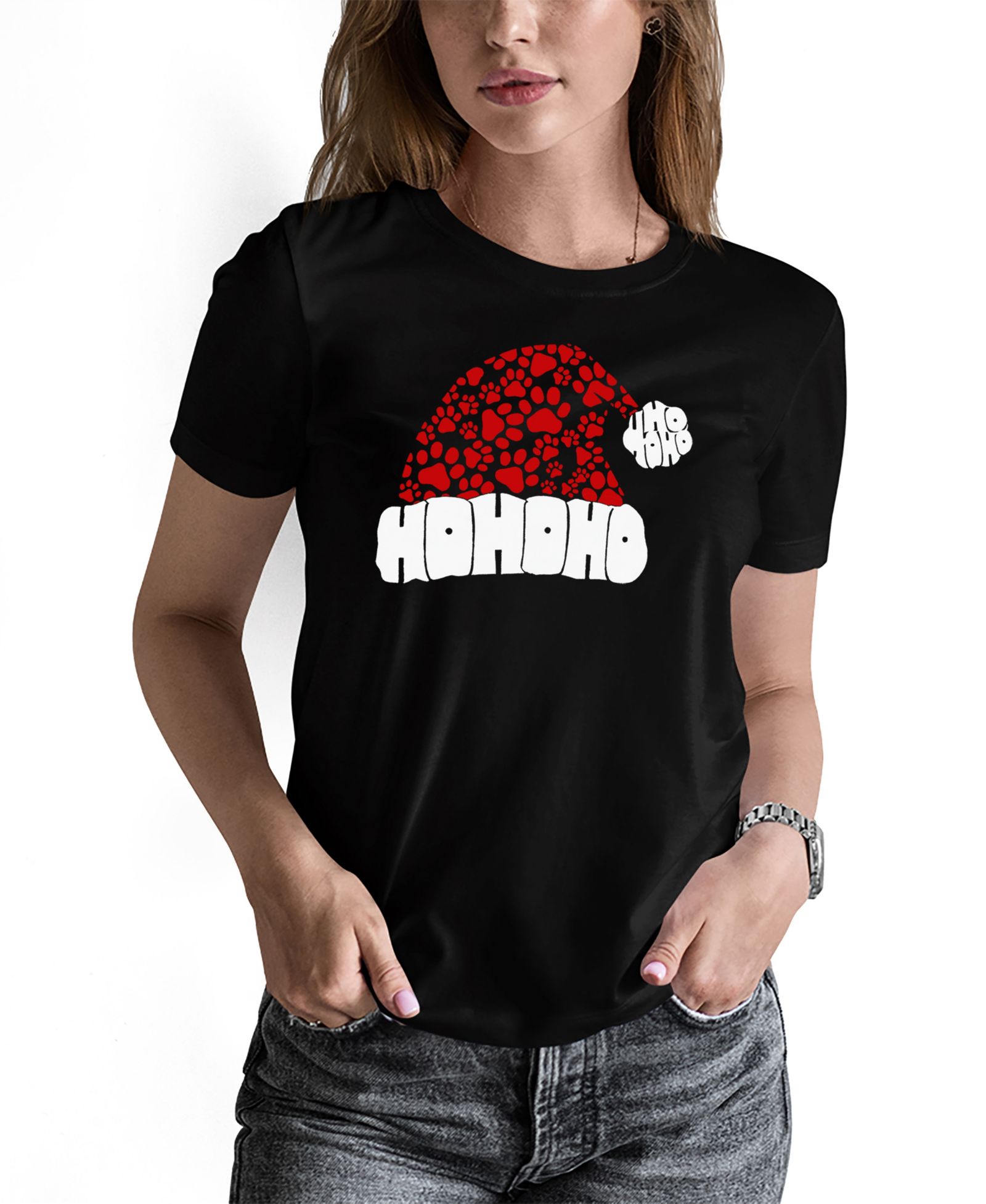 LA Pop Art Women's Paw Print Santa Hat Word Art Pullover Top