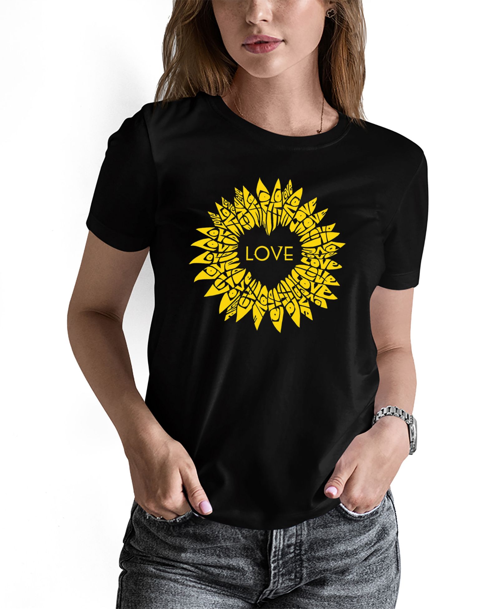 LA Pop Art Women's Sunflower Love Word Art Pullover Top