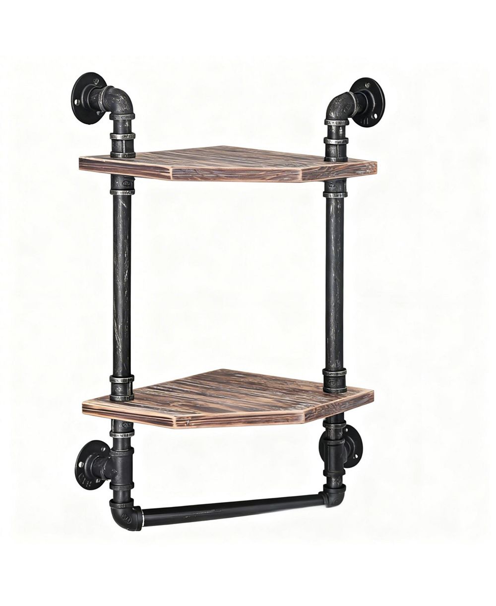 YIGII Industrial Pipe Shelf Rustic Corner Metal Wood Bathroom Wall Mounted Towel Bar