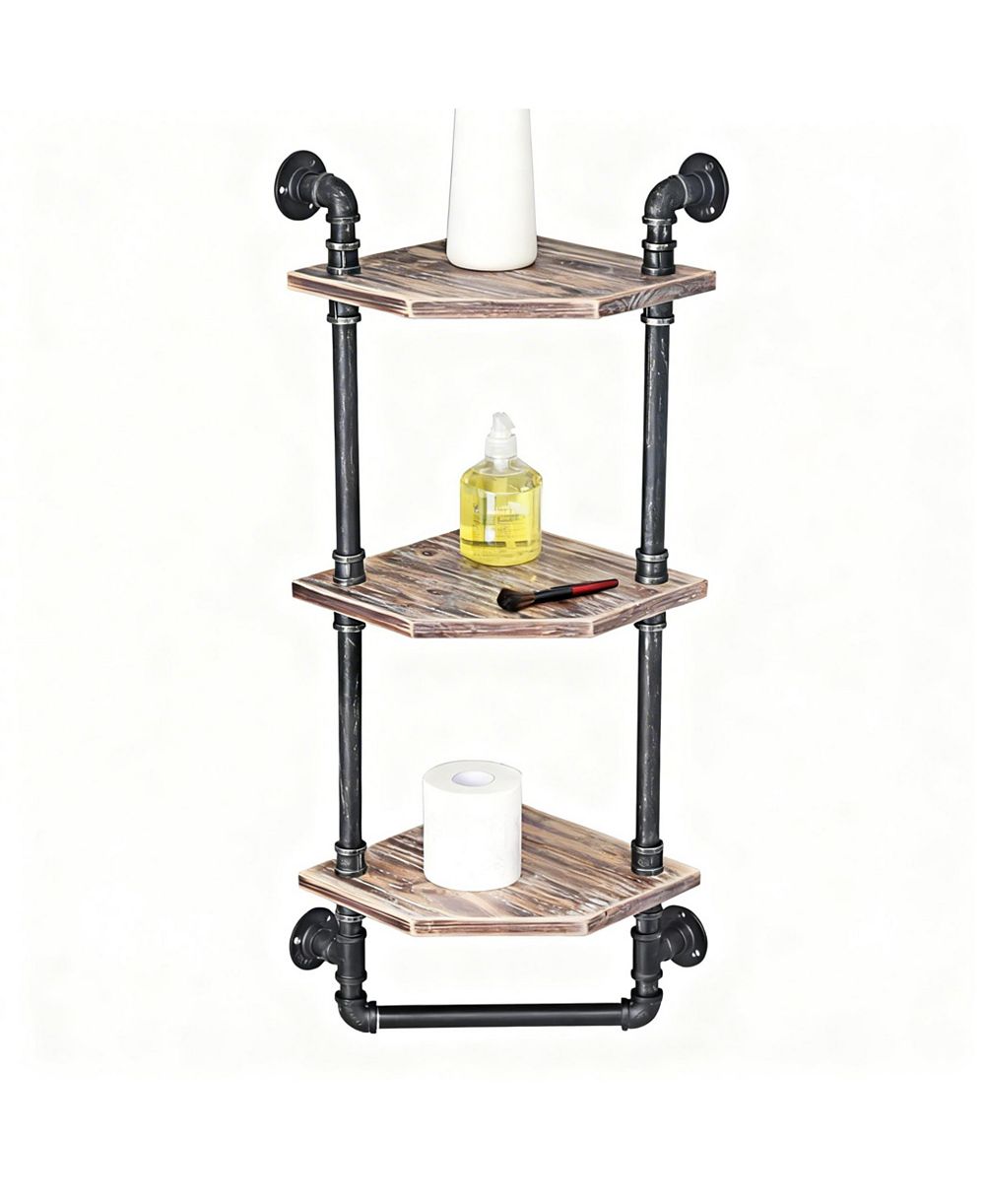 YIGI Industrial Pipe Shelf Rustic Corner Metal Wood Bathroom Wall Mounted Towel Bar
