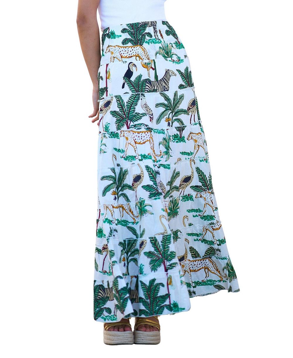 Yumi Women's Animal Print Cotton Tiered Maxi Skirt