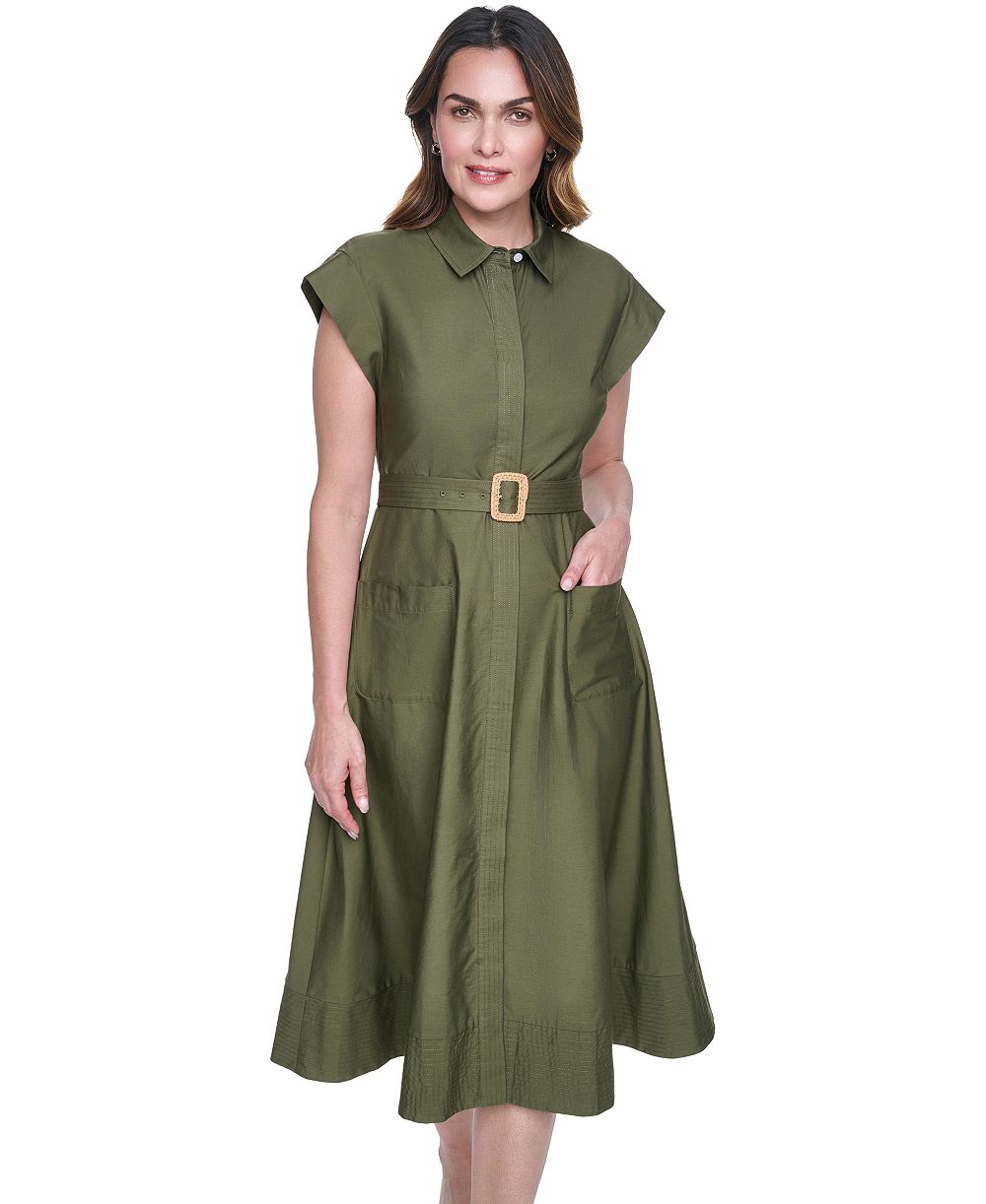 Eliza J Women's Short-Sleeve Trapunto Stitch Belted Midi Shirt-Dress