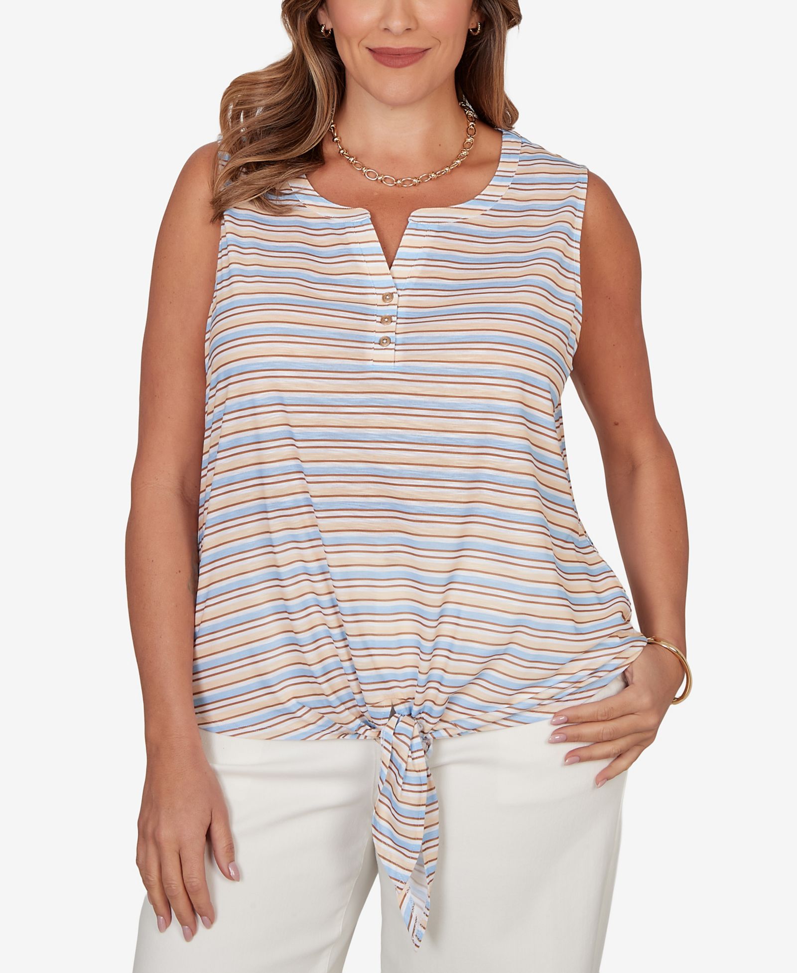 HEARTS OF PALM Plus Size Striped Slub Sleeveless Henley Tie Front Top