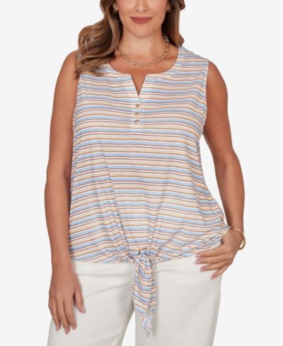 HEARTS OF PALM Plus Size Striped Slub Sleeveless Henley Tie Front Top