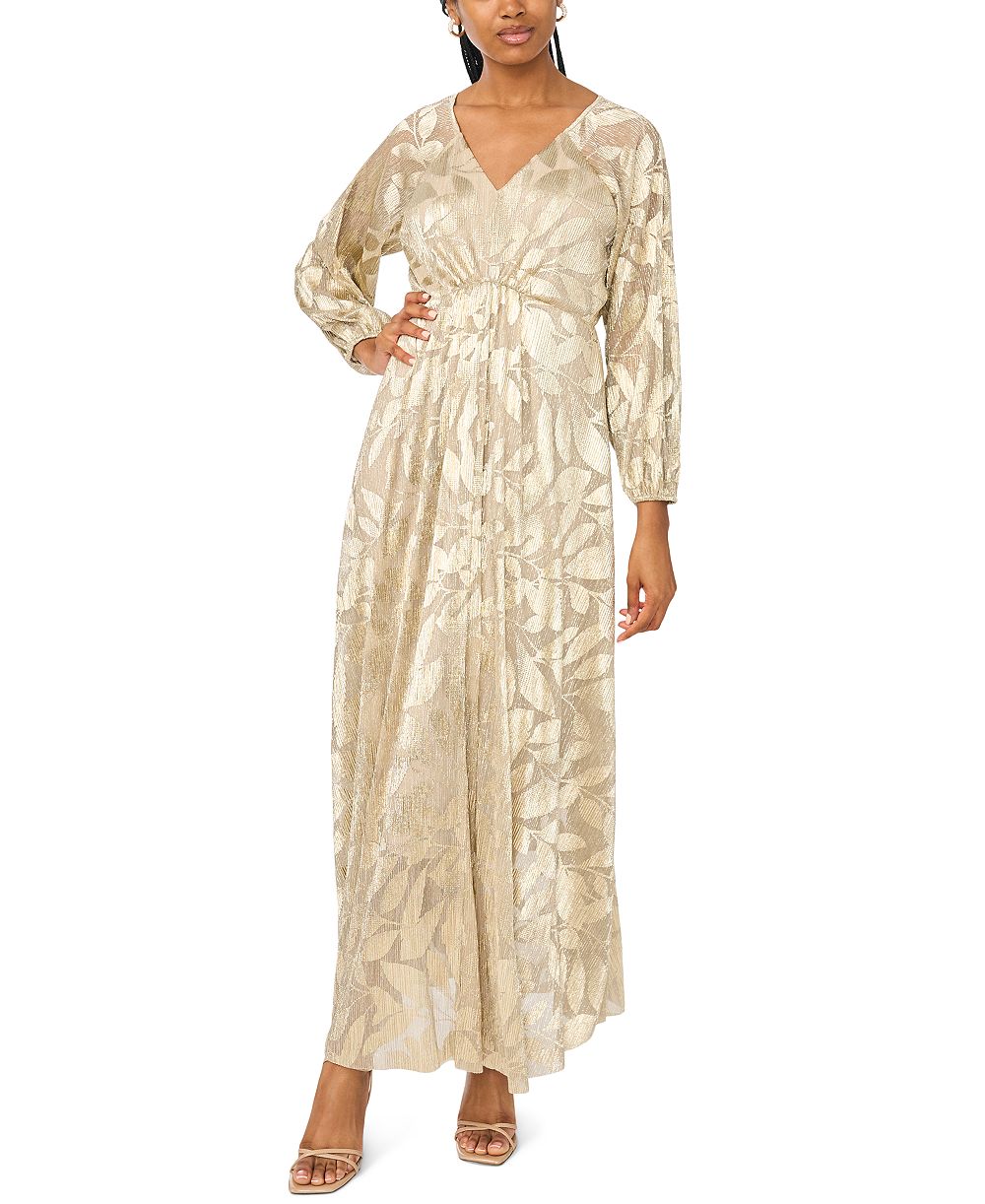MSK Women's Floral Shimmer Foil Detail V-Neck Gown