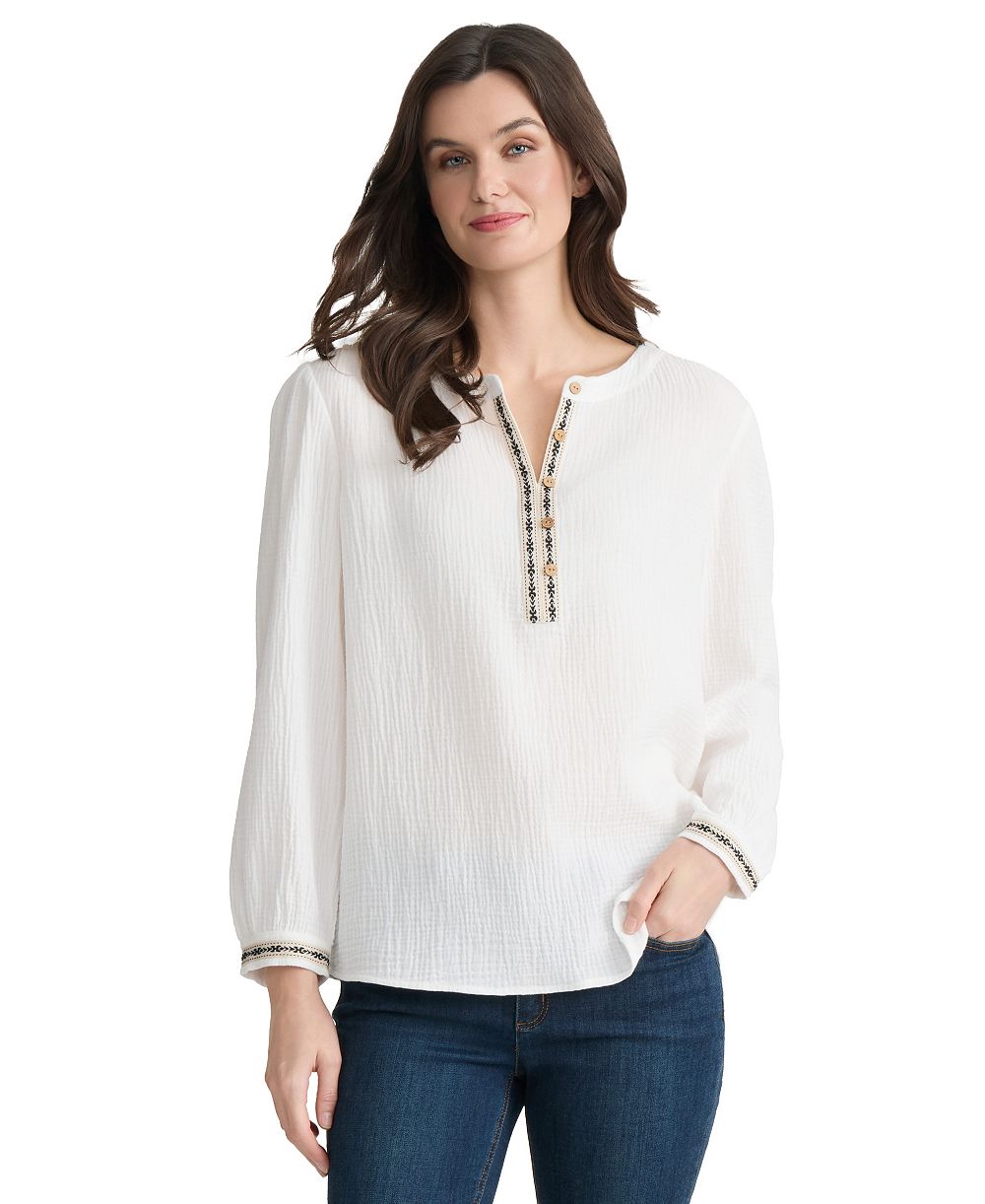 Jones New York Petite V-Neck Embroidered Placket Popover Top