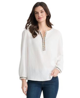 Jones New York Petite V-Neck Embroidered Placket Popover Top