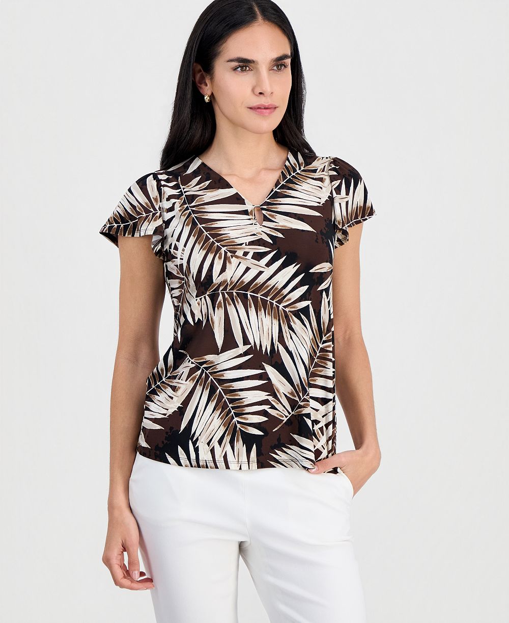 Jones New York Petite Printed V-Neck Flutter-Sleeve Top
