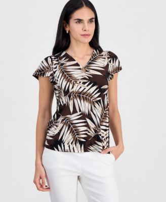 Jones New York Petite Printed V-Neck Flutter-Sleeve Top