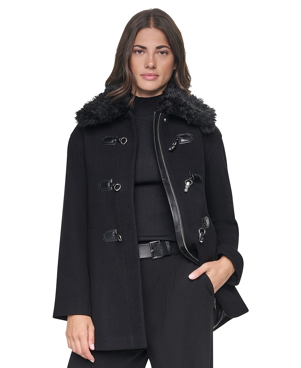 DKNY Женское пальто средней длины из смесового материала с воротником из искусственного меха