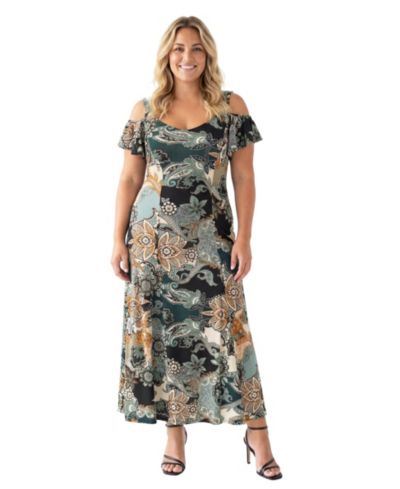 24seven Comfort Apparel Plus Size Elevate Curvy Paisley Print Maxi Dress